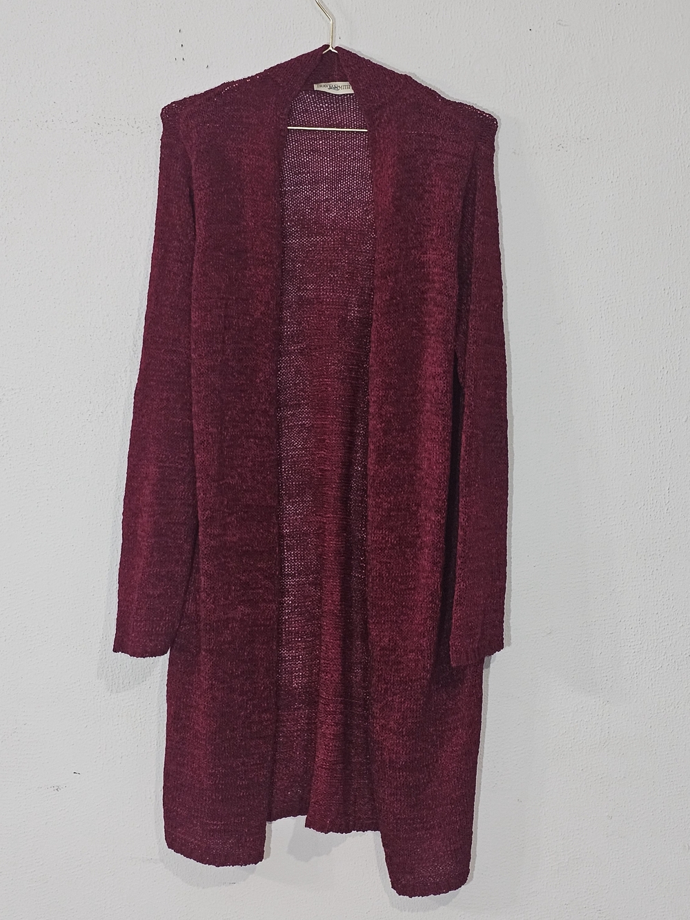 TravelSmith Women's Large Long Duster Cardigan Sweater Burgundy Open Front Knit - Picture 3 of 6